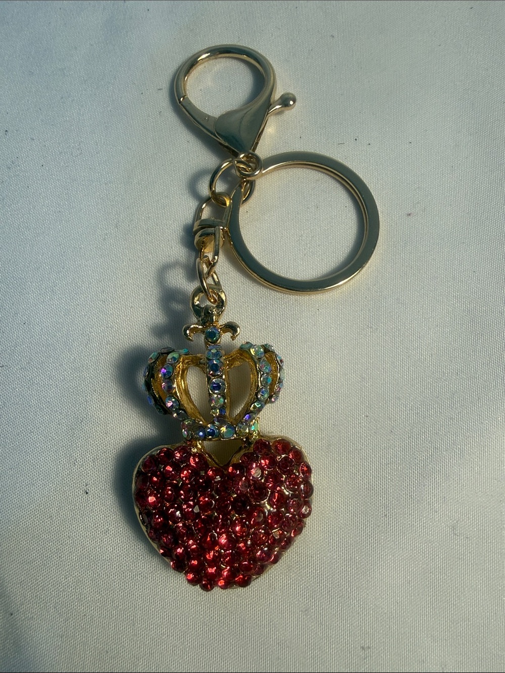 Gold-Tone Heart & Crown Keychain with Red Crystal Accents